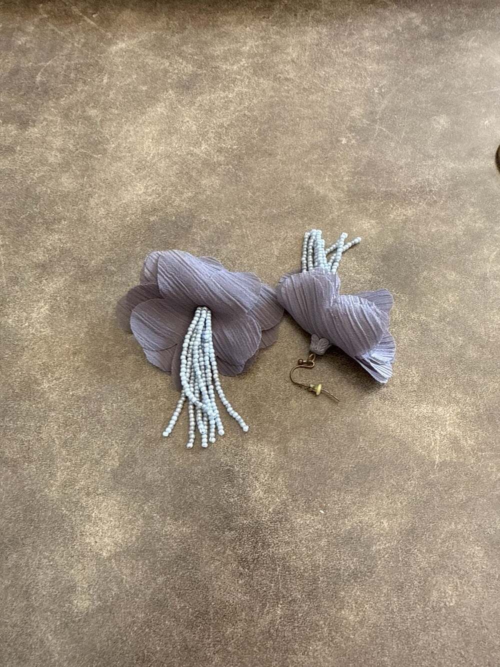 Gray Long Satin Earrings with  Gray Dangling Beads